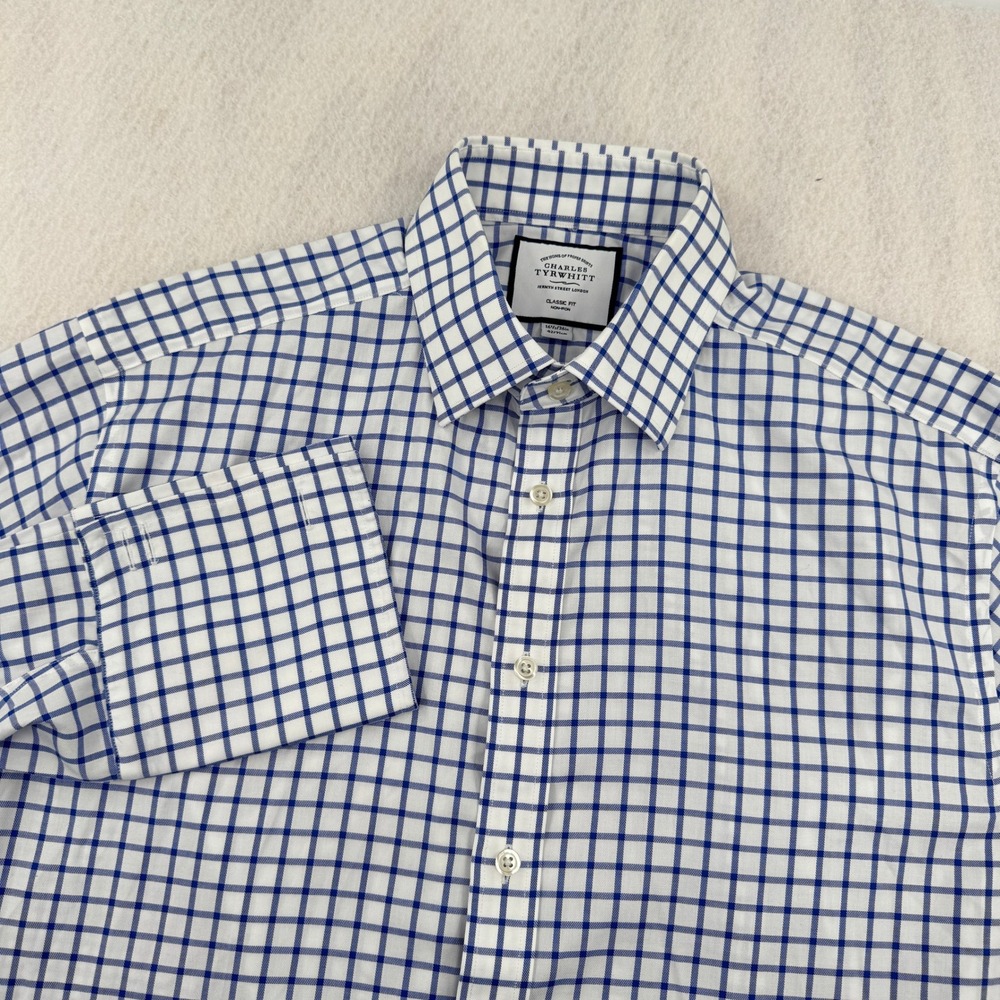 Charles Tyrwhitt Classic Fit Non-Iron Dress Shirt 16.5-36 Blue Check French Cuff